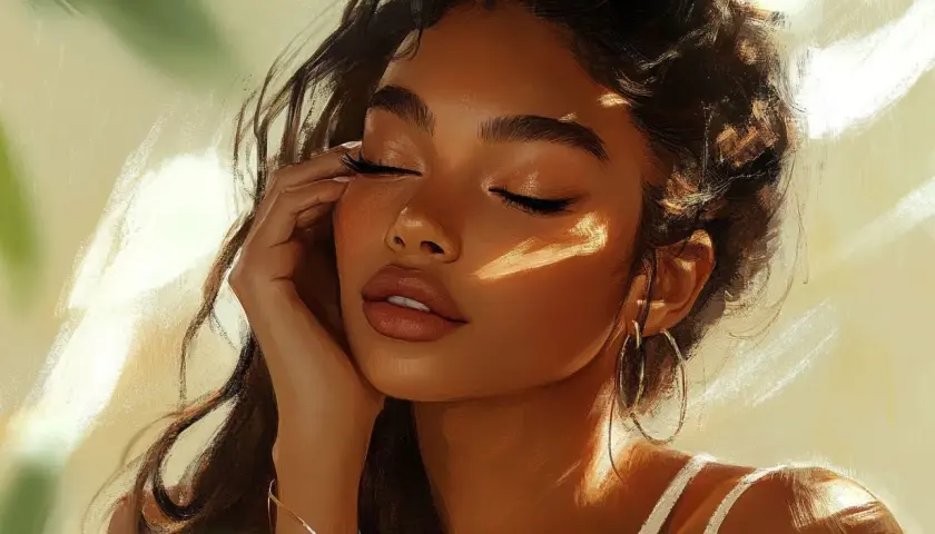 Ritratto di donna con luce solare sul viso, labbra carnose e ciglia lunghe, un esempio di come truccare per un look naturale e radioso.