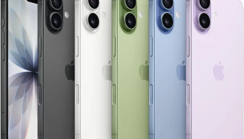 Rząd kolorowych iPhone'ów, od czarnego po różowy. Zastanawiasz się nad iphone 16 wymiary?