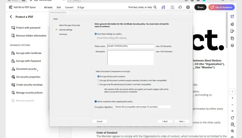 Configurando una política de seguridad para un **adobe certificado digital**. Se ingresa el nombre de la política y se seleccionan los componentes a cifrar.