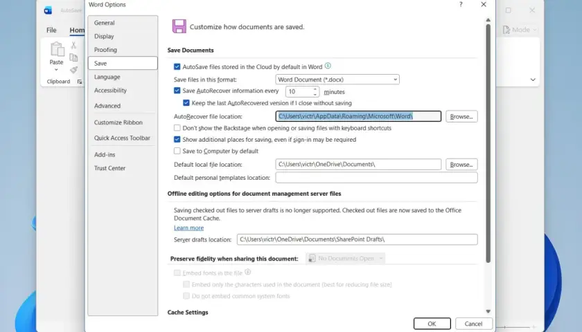 Configuración de Word para recuperar archivo sobreescrito. Se muestra la ruta de autoguardado y la opción de guardar información de Autorecuperación.