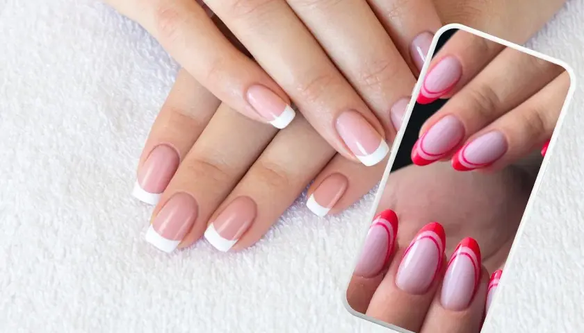 Dłonie z klasycznym french manicure i odważnym odwróconym frenchem w intensywnym różu.