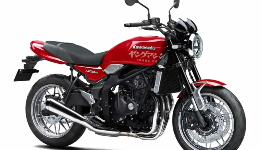 Motocicleta Kawasaki Z400RS roja, estilo retro, con detalles cromados y motor expuesto.