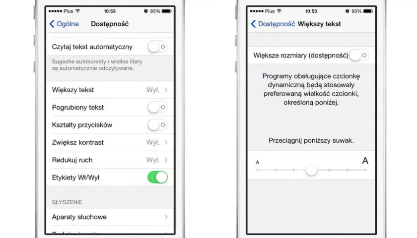 Jak zmienić czcionkę w iPhone: w Ustawieniach > Dostępność > Wyświetlacz i rozmiar tekstu > Większy tekst, dostosuj suwak.