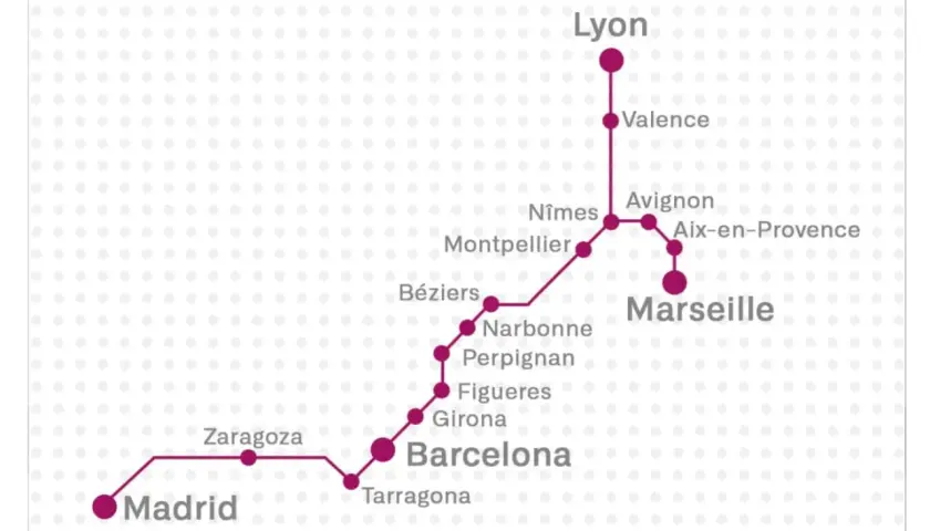 Mapa de rutas de tren que conectan Madrid, Zaragoza, Barcelona y Lyon, pasando por ciudades francesas como Montpellier y Marsella.
