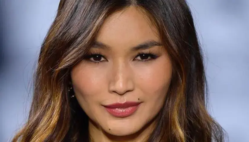 Primer plano de una mujer con cabello castaño y un corte clavicut, con maquillaje sutil y labios rosados.