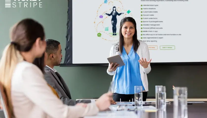 A presenter discusses nonprofit event management tools, highlighting features like flexible donations and customizable tickets, relevant to Eventbrite nonprofit pricing.