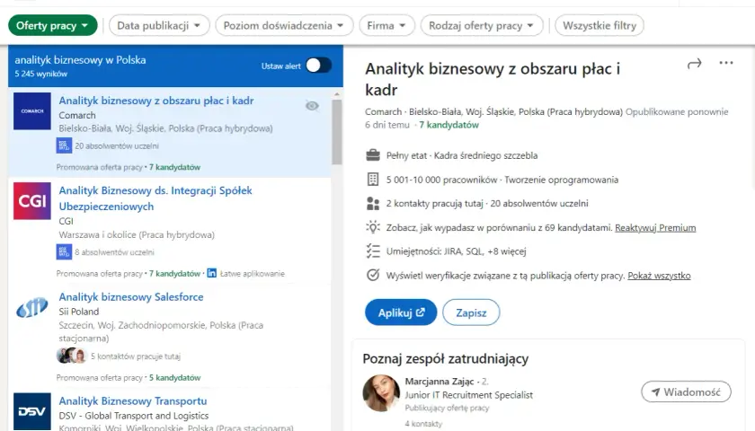 Szukasz pracy jako analityk biznesowy? LinkedIn to platforma, gdzie znajdziesz oferty pracy, np. analityk biznesowy z obszaru płac i kadr.