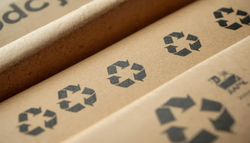 Powtarzające się znaki recyklingu na brązowym papierze podkreślają ich znaczenie w procesie ponownego wykorzystania materiałów.