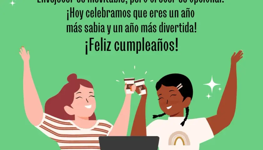 Dos amigas brindan con café para felicitar a una amiga por su cumpleaños. ¡Feliz cumpleaños!