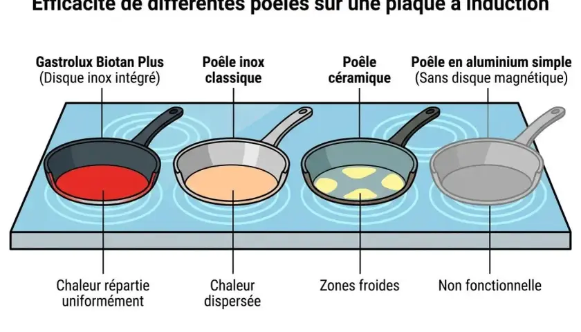 Comment choisir une poêle : illustration montrant l'efficacité de différentes poêles sur plaque à induction, avec une poêle Gastrolux Biotan Plus à chaleur uniforme.
