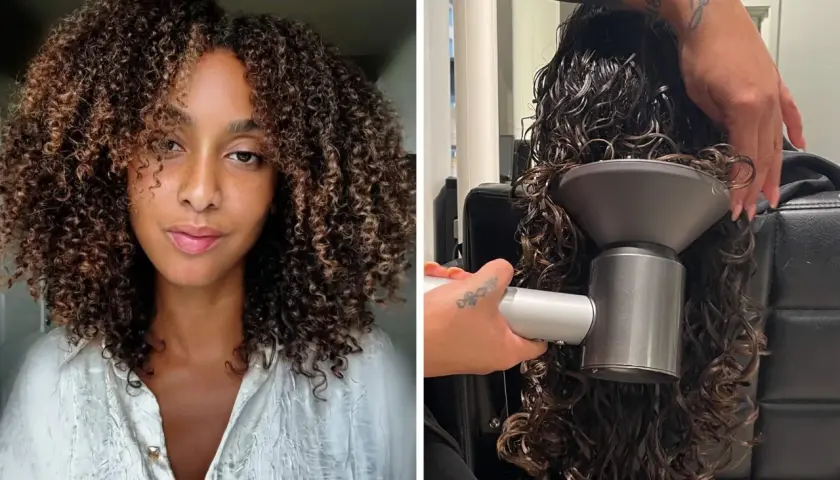Vänster: kvinna med vackert, tovigt hår. Höger: hårstylist använder diffuser på vått, lockigt hår.