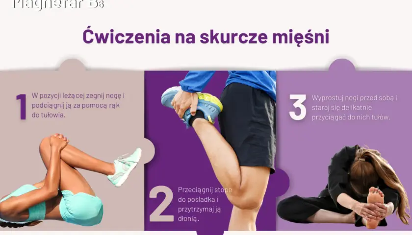 Trzy ćwiczenia na skurcze mięśni: leżąc zgięta noga, przeciąganie stopy do pośladka, skłon do prostych nóg.