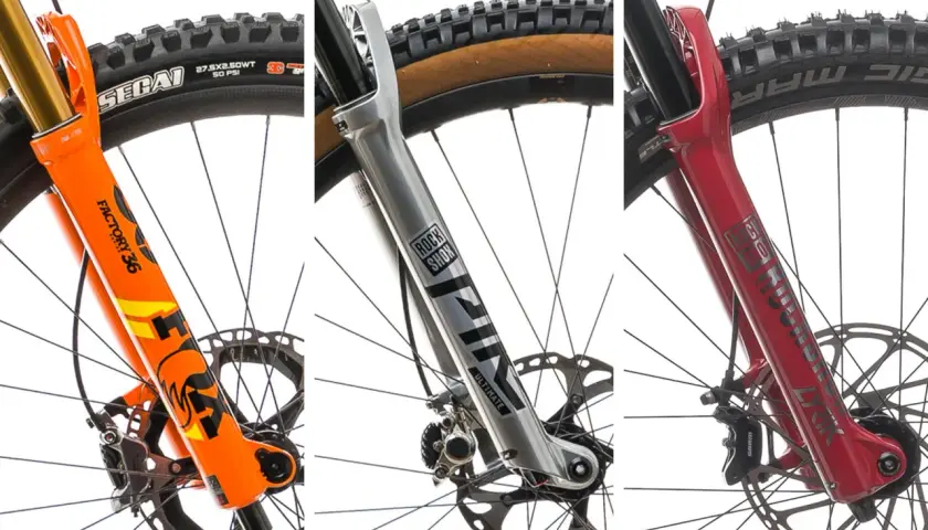 Comparing the iconic orange Fox Factory 36 and two RockShox forks, Lyrik Ultimate and another, for your next mountain bike build.