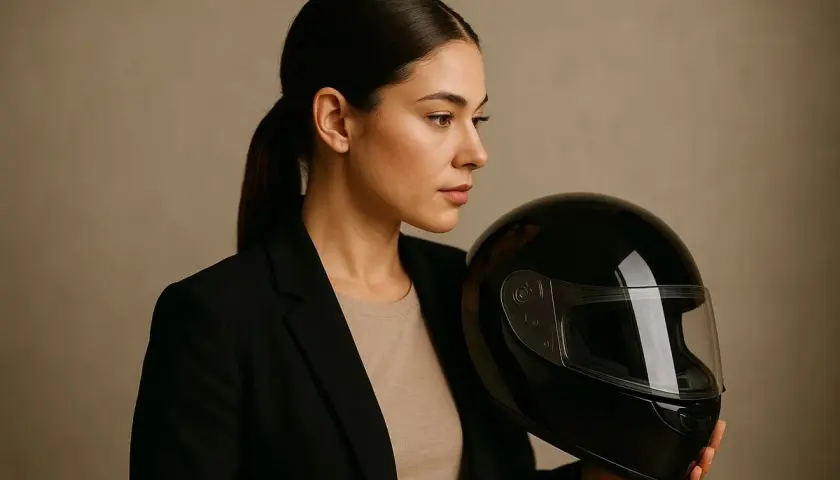 Mujer con coleta y blazer negro, sosteniendo un casco negro. Ideas de peinados para ir en moto.