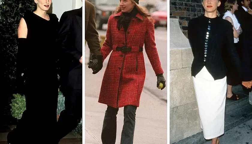 Carolyn Bessette-Kennedy luce elegante en tres atuendos: uno negro, uno rojo y uno blanco con negro.
