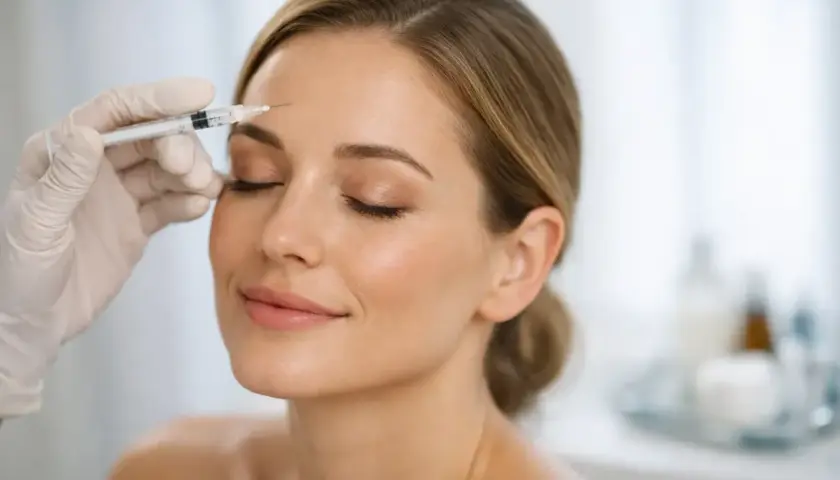 En kvinna får baby botox i pannan. Hon ler avslappnat medan en hand i handske försiktigt injicerar.