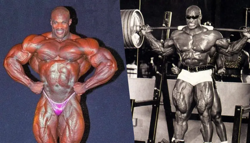 Ronnie Coleman w szczytowej formie, prezentujący swoją niesamowitą muskulaturę. Jego **rekordy** w kulturystyce są legendarne.