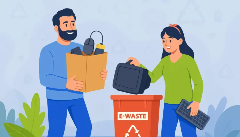Para segregacji elektrośmieci: mężczyzna z kartonem pełnym sprzętu, kobieta wrzuca monitor do czerwonego pojemnika E-WASTE. Pamiętaj, gdzie wyrzucać baterie i inne urządzenia elektroniczne.