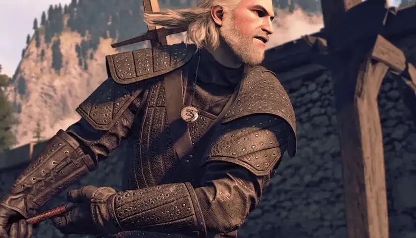 Geralt w zbroi z Wiedźmin 3, najlepszy rynsztunek, gotowy do walki.