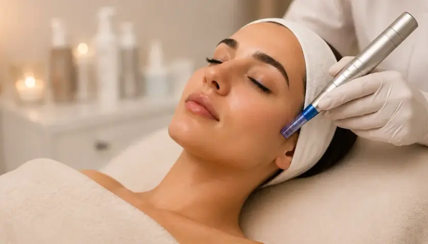 En kvinna får en microneedling-behandling för medicinsk hudvård. En hand med vit handske håller en penna som förs över hennes kind.