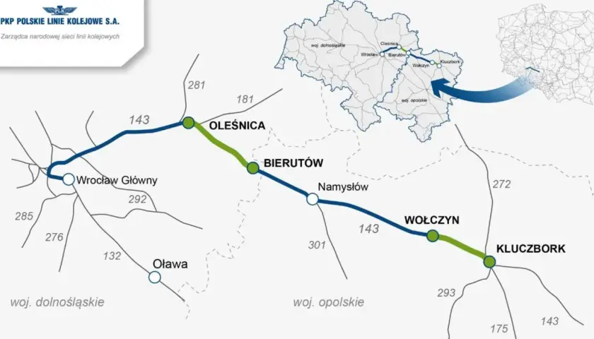 Mapa przedstawia ukres kolejowy linii Wrocław – Oleśnica – Bierutów – Namysłów – Wołczyn – Kluczbork.