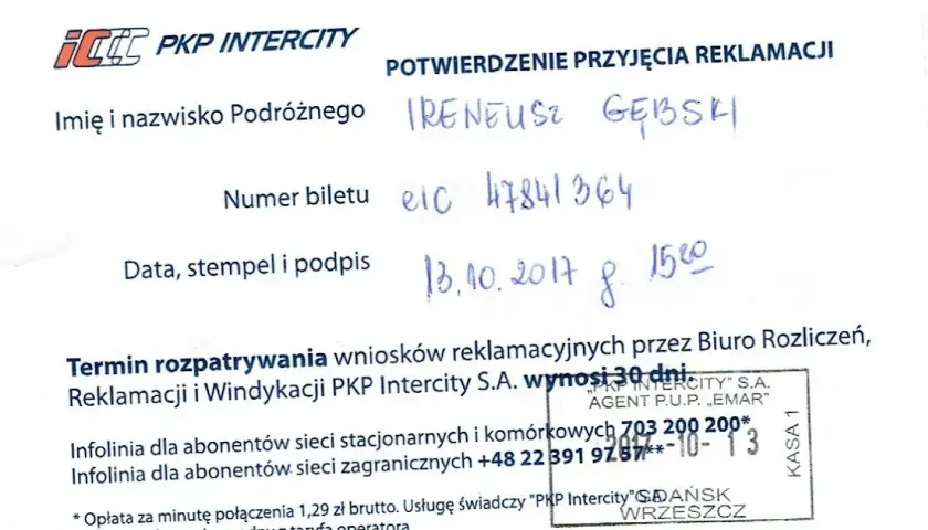 Reklamacja Intercity: Ile czasu? Rok na skargę, 30 dni na decyzję
