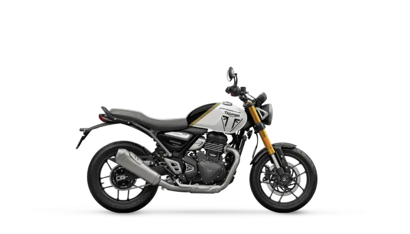 Triumph Speed 400 ficha técnica: moto estilo scrambler, blanca con detalles dorados y negros, horquilla dorada.