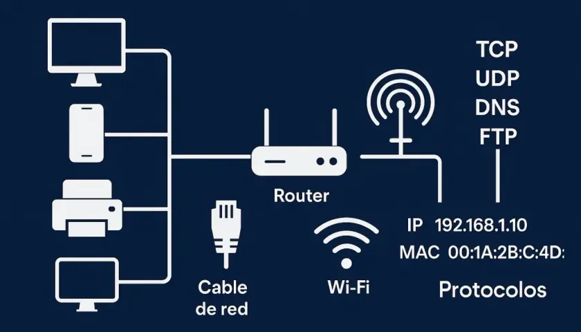 Diagrama de una red local (poe lan) con router, cable de red, Wi-Fi, y dispositivos conectados. Muestra protocolos y datos de IP.