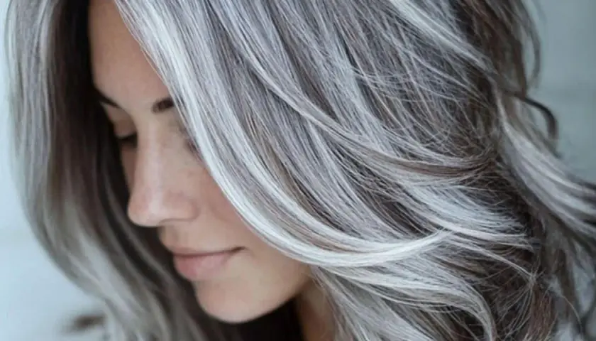 Perfil de mujer con cabello largo y ondulado, con un hermoso **grey blending** que combina tonos oscuros y plateados, creando un efecto natural y elegante.
