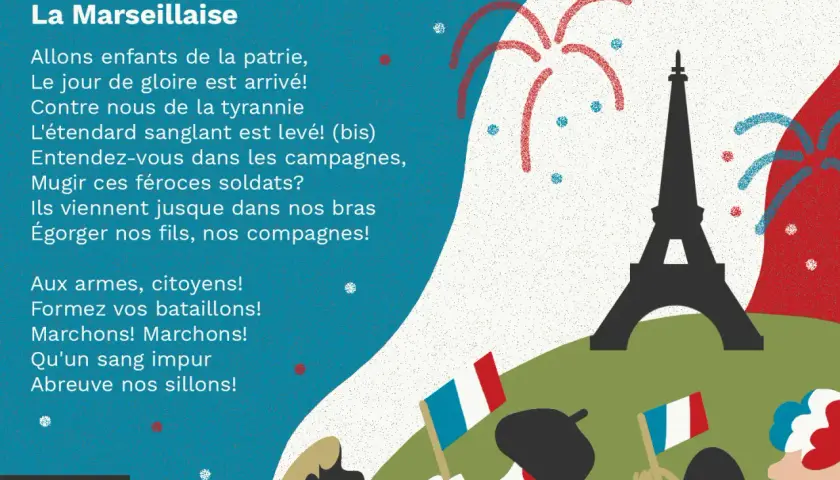 Wieża Eiffla, sztuczne ognie i tekst "La Marseillaise" na tle flagi Francji.