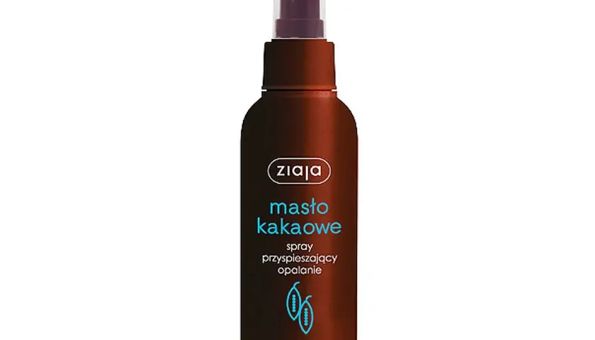 Brązowa butelka z atomizerem Ziaja Masło kakaowe – spray przyspieszający opalanie. Poznaj, jak działa przyspieszacz opalania dla pięknej skóry.