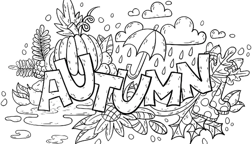 Un mandala de otoño infantil con la palabra "AUTUMN", calabazas, hojas, un paraguas y gotas de lluvia.