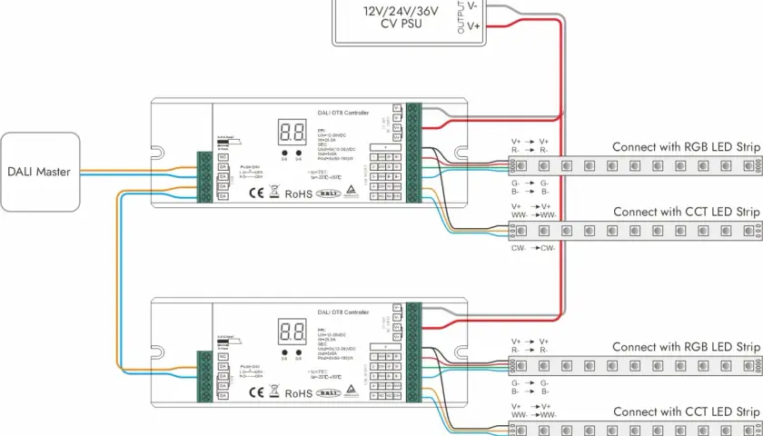 Schemat połączenia DALI DT8 Controller z zasilaczem i taśmami LED RGB/CCT.