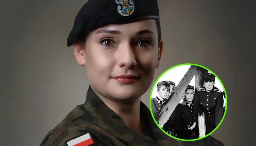 Kobieta w mundurze wojskowym z orłem na beretce, obok w kółku czarno-białe zdjęcie czterech kobiet w wojskowych strojach. Dwie gwiazdki w wojsku, przeszłość i teraźniejszość.