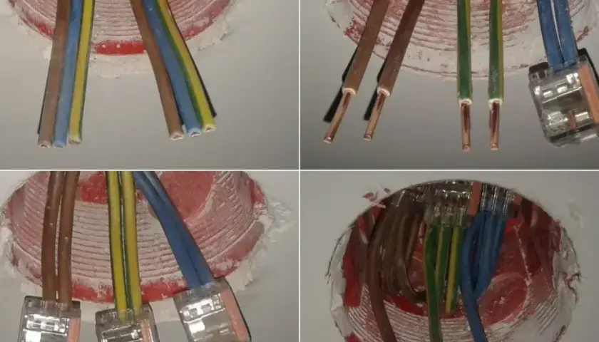 Instalacja elektryczna: różne rodzaje kabli wychodzą z puszki, gotowe do podłączenia. Jaki kabel do gniazdek? Tu widać przewody fazowe, neutralne i ochronne.