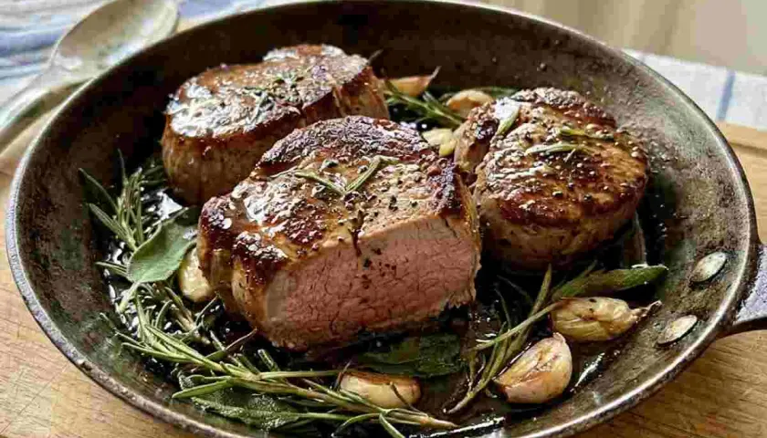 Tre succulenti medaglioni di filetto di maiale in padella morbido, cotti con aglio e rosmarino, emanano un profumo invitante.