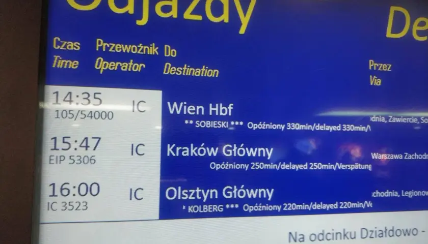 Tablica odjazdów PKP Intercity z godzinami, trasami i informacjami o opóźnieniach.