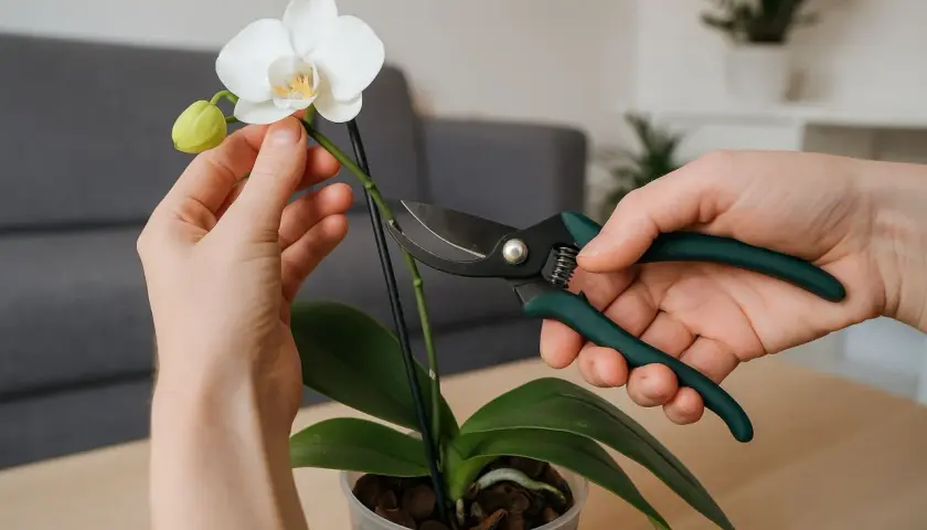 Hände schneiden mit einer Gartenschere einen Orchideen-Stiel. Eine weiße Blüte und eine Knospe sind zu sehen.