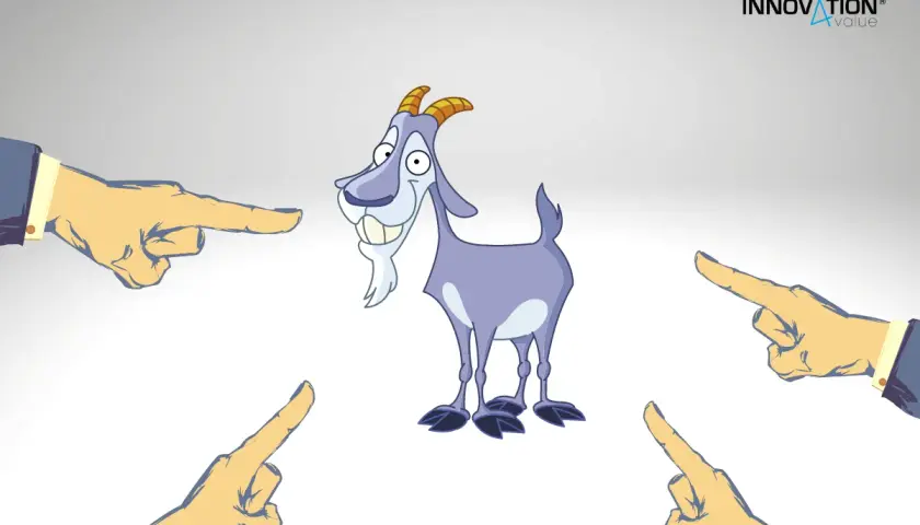 Capra con espressione colpevole, circondata da mani che puntano il dito. Il **capo espiatorio significato** è chiaro: tutti accusano lei.
