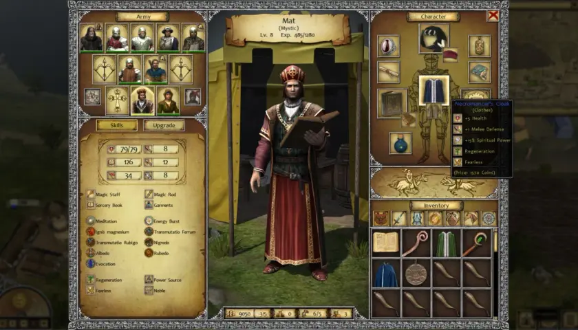 Mat, mistyk z gry Legends of Eisenwald, przygotowuje się do walki. Jego ekwipunek zawiera mroczny płaszcz nekromanty.