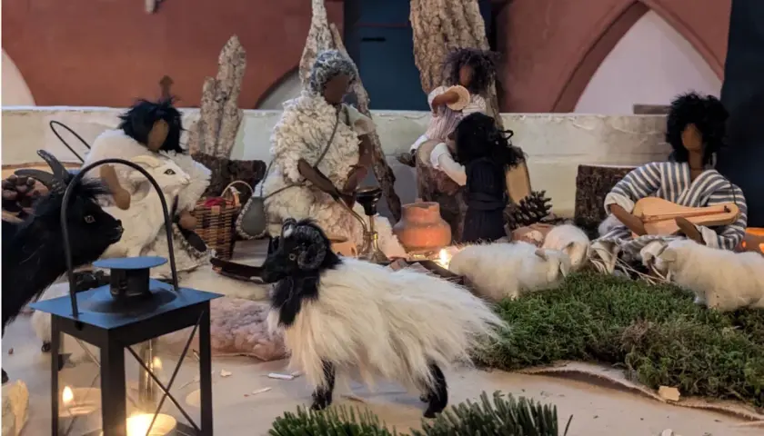 Hirten mit Schafen und Ziegen vor einer Krippe, die die Frage aufwirft, woher das Christkind kommt.