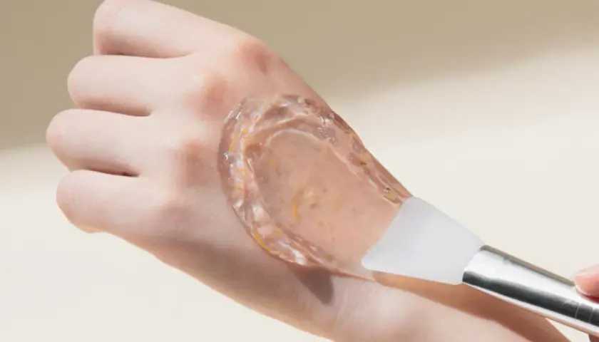 En hand med en genomskinlig gel med små partiklar, appliceras med en spatel. Inga kända peptider biverkningar med denna produkt.