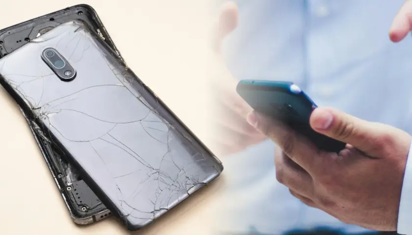 Rozbite plecy telefonu obok dłoni trzymającej sprawny smartfon. Pomyśl o ubezpieczenie telefonu, by uniknąć takich problemów.
