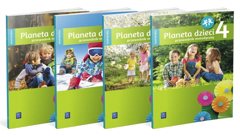 Cztery okładki książek "Planeta dzieci" z wesołymi dziećmi w różnym wieku, w tym dziecko 5 lat, bawiącymi się na tle przyrody.
