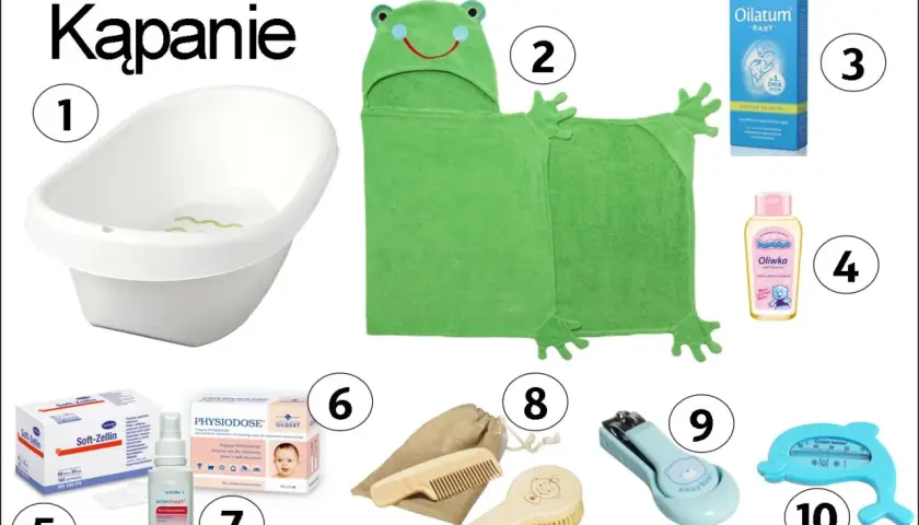 Kąpiel maluszka to must have dla niemowlaka: wanienka, ręcznik żabka, oliwka, termometr i akcesoria.