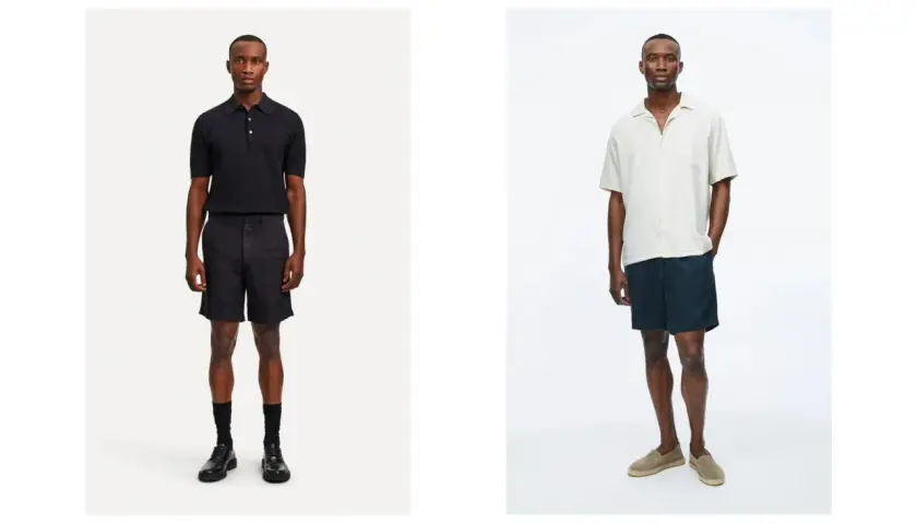 Deux looks pour savoir que mettre avec un short noir homme : polo noir et chaussures habillées, ou chemise claire et espadrilles.