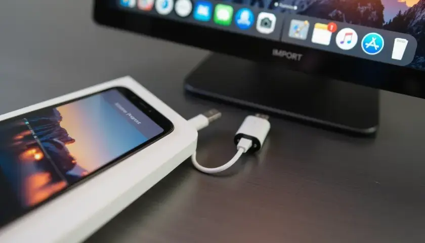 iPhone podłączony do komputera przez kabel USB. Prosty sposób, jak zgrać zdjęcia z iPhone na komputer.