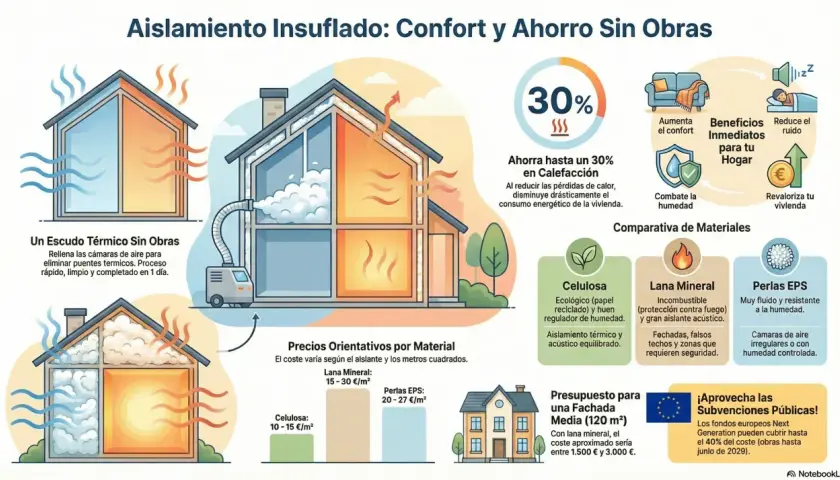 Ilustración de casas con aislamiento insuflado, mostrando cómo el aislante térmico para techos interiores mejora el confort y ahorra energía.
