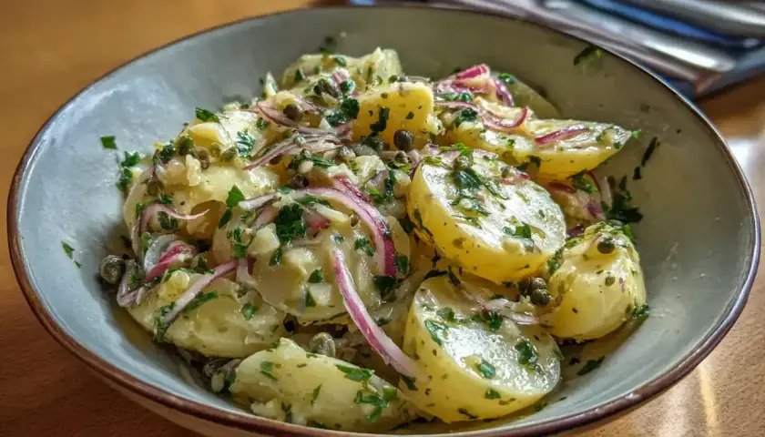 En skål med läcker italiensk potatissallad, full av potatis, rödlök, kapris och färska örter.