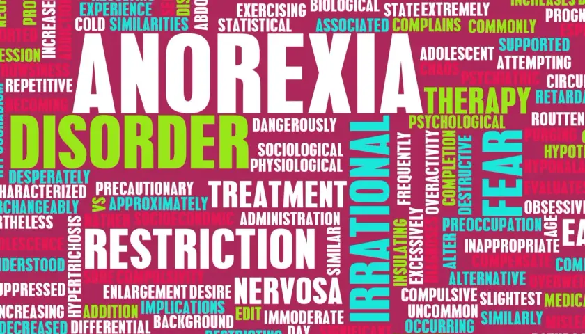 Parole chiave su anoressia nervosa: disordine, restrizione, paura, terapia, irrazionale. Un vortice di termini che descrivono questa complessa condizione.